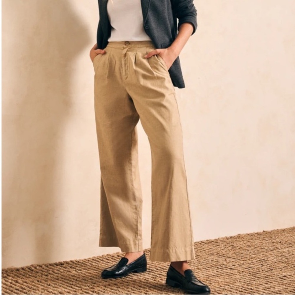 Faherty Wide Leg Linen Blend Pants Size 8 Medium Neutral Elastic Back Waistband